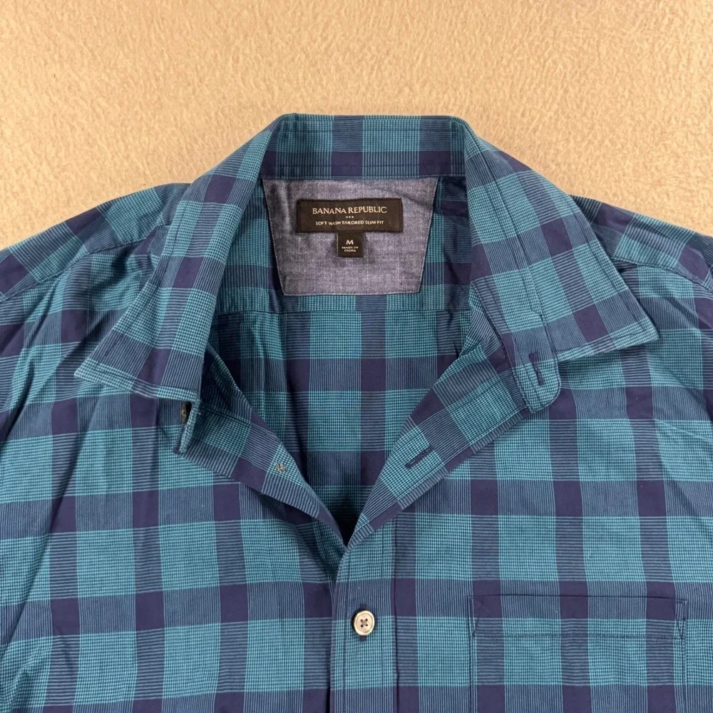 Banana Republic‎ Button Down Mens Medium Teal Blue Tailored Slim Plaid Gingham